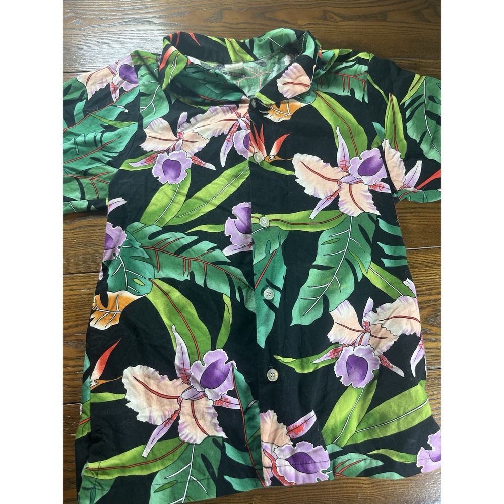Vin 90s Hawaiian Aloha Shirt Tropical S Floral Black Green Purple Made USA EUC